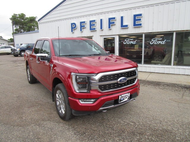 2022 Ford F-150 Platinum in Rapid Red — front three-quarter view